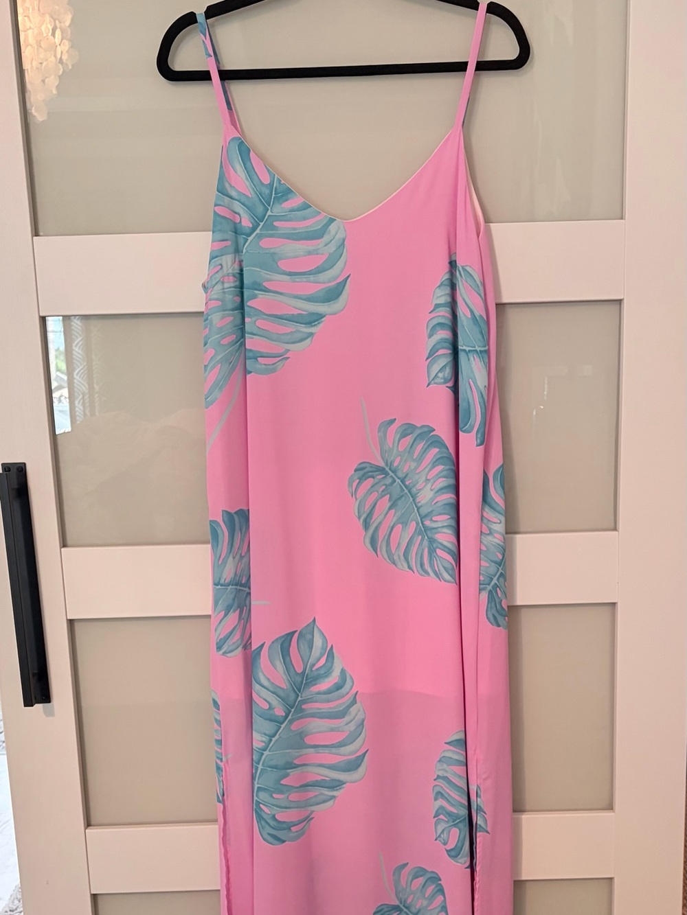 Adrienne Pink Maxi Skirt with Aqua Leaf Print